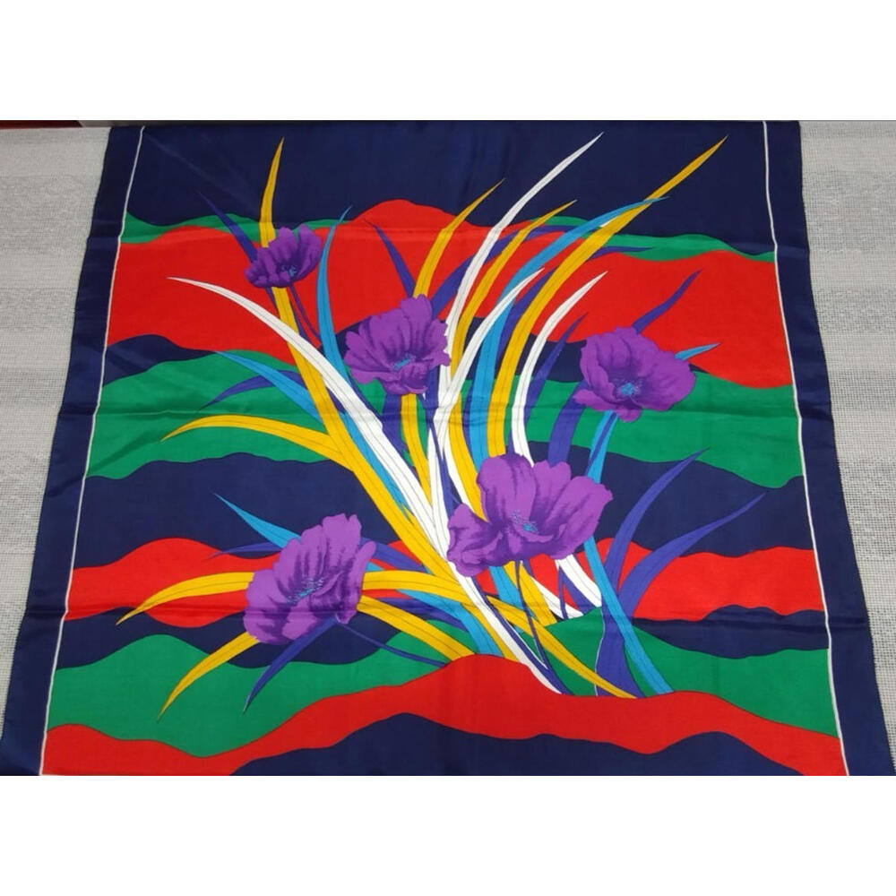 Vintage Fine Silk Square Scarf High End Stunning Colors Purple Floral DESIGN - Picture 8 of 16